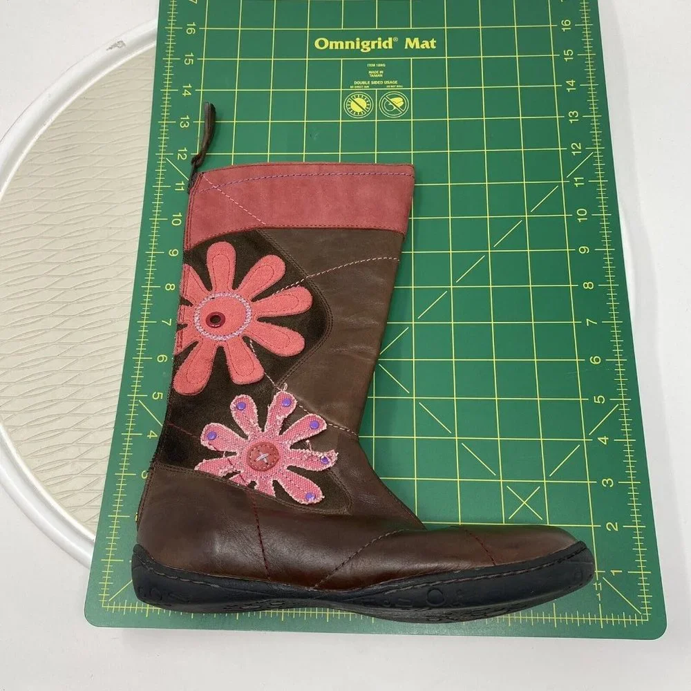 Umi Girls Flower Boots Size 2 Big Kid 34 Brown Leather Suede Zipper Tall Artsy